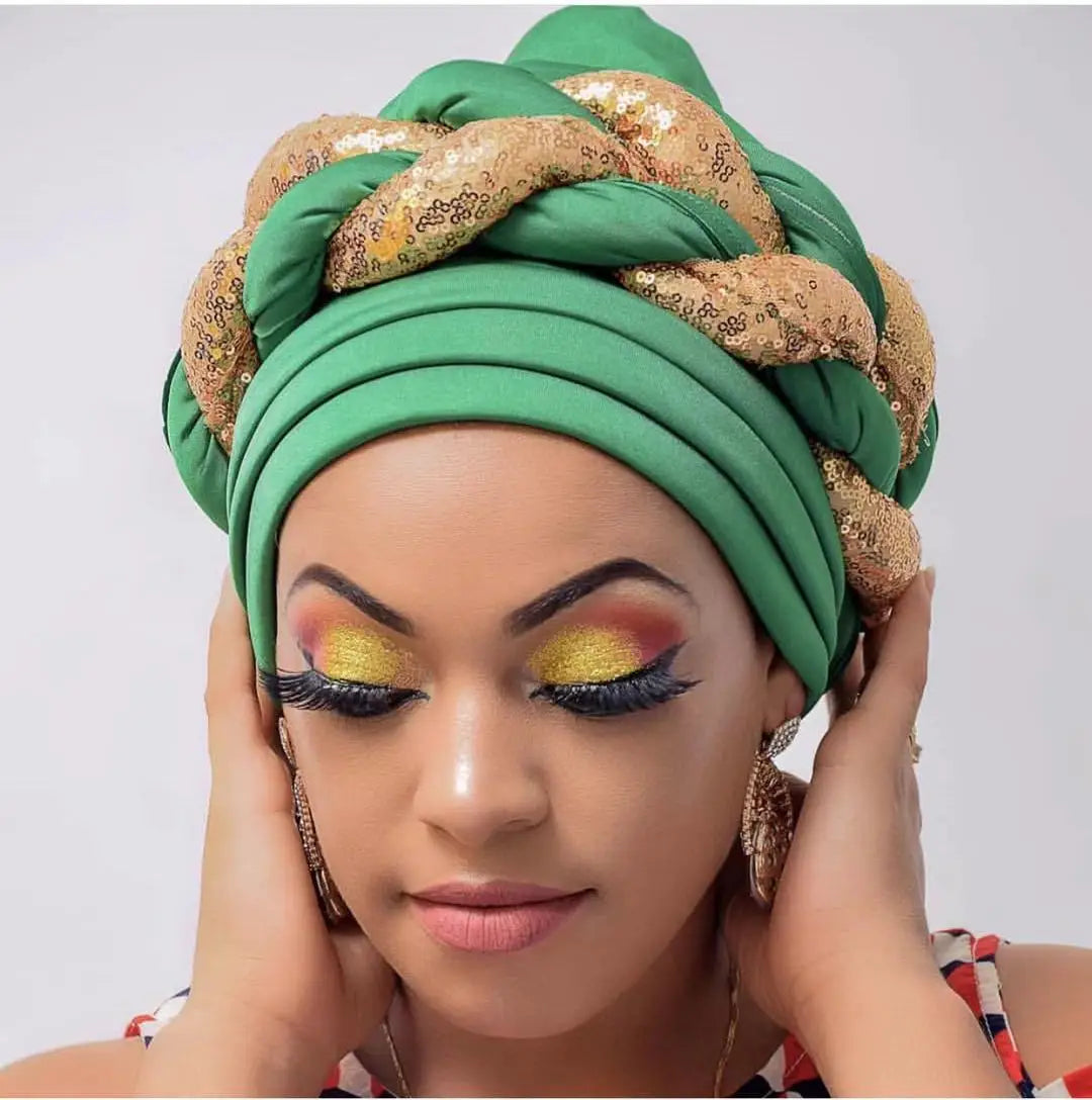 New Wholesale Custom Muslim Hijab Headscarf Big Sequin Braid Head Wrap Turban Cap Hat for Women Headwrap African Turban Hats