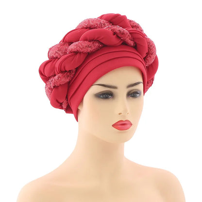 New Wholesale Custom Muslim Hijab Headscarf Big Sequin Braid Head Wrap Turban Cap Hat for Women Headwrap African Turban Hats