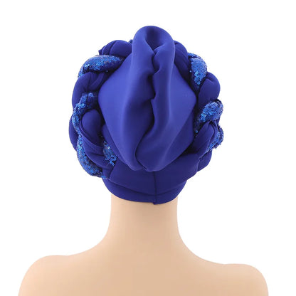 New Wholesale Custom Muslim Hijab Headscarf Big Sequin Braid Head Wrap Turban Cap Hat for Women Headwrap African Turban Hats