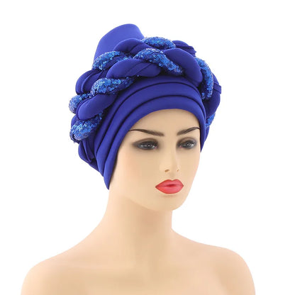 New Wholesale Custom Muslim Hijab Headscarf Big Sequin Braid Head Wrap Turban Cap Hat for Women Headwrap African Turban Hats