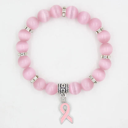 10PCS Lot New Breast Cancer Awareness Jewelry White Pink Opal Beaded Bracelet Breast Cancer Pink Ribbon Charm Bracelets&Bangles