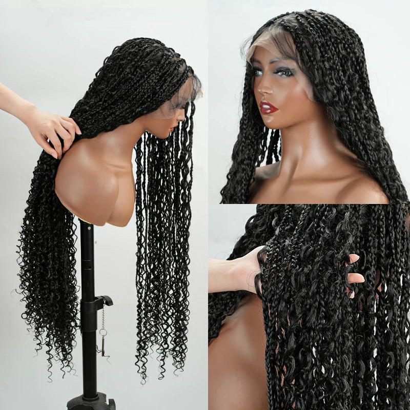 Natural Black Full Lace Synthetic Wig with Triangle Knotless Braided Black Women's Natural Wave Boho Braid Wigs