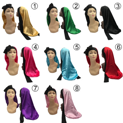Pink Wholesale Black Satin Long Hair Bonnet with Head Wrap Long Tie Edge Band Silk Bonnet Night Sleep Hat for Braid