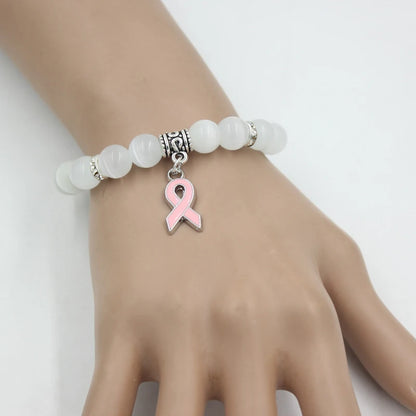 10PCS Lot New Breast Cancer Awareness Jewelry White Pink Opal Beaded Bracelet Breast Cancer Pink Ribbon Charm Bracelets&Bangles