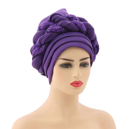 New Wholesale Custom Muslim Hijab Headscarf Big Sequin Braid Head Wrap Turban Cap Hat for Women Headwrap African Turban Hats