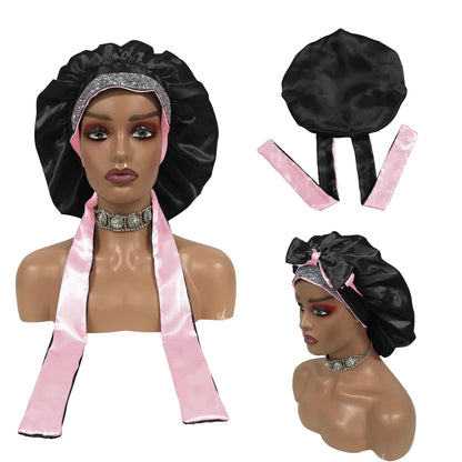 Luxury Design Customize logo Satin Head Wrap and Bonnets Glitter Tie Band Hair Bonnet