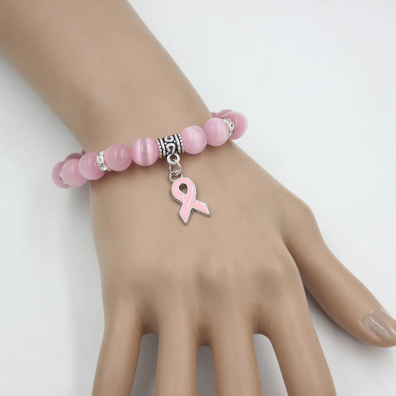 10PCS Lot New Breast Cancer Awareness Jewelry White Pink Opal Beaded Bracelet Breast Cancer Pink Ribbon Charm Bracelets&Bangles