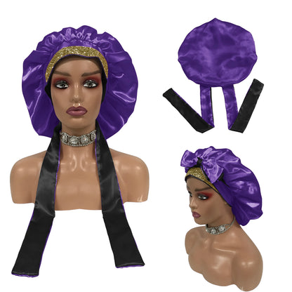 Luxury Design Customize logo Satin Head Wrap and Bonnets Glitter Tie Band Hair Bonnet