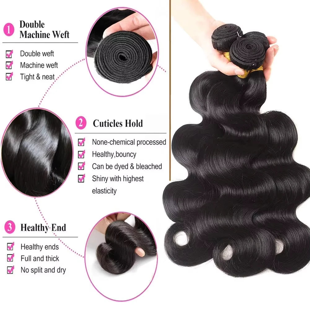 Body Wave Bundles with Frontal Human Hair Brazilian Human Hair Bundles with 13x4 Frontal Closure Virgin Weave 3 Bundles Frontal