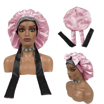 Luxury Design Customize logo Satin Head Wrap and Bonnets Glitter Tie Band Hair Bonnet