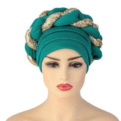 New Wholesale Custom Muslim Hijab Headscarf Big Sequin Braid Head Wrap Turban Cap Hat for Women Headwrap African Turban Hats