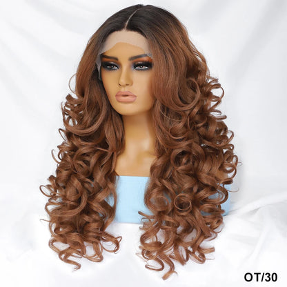 Wholesale Mixed Color HD Frontal Lace Synthetic Hair Wigs Curly Wave Black Brown for Daily Use for Black Women
