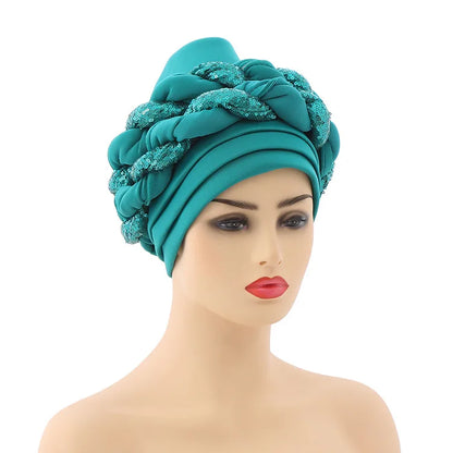 New Wholesale Custom Muslim Hijab Headscarf Big Sequin Braid Head Wrap Turban Cap Hat for Women Headwrap African Turban Hats