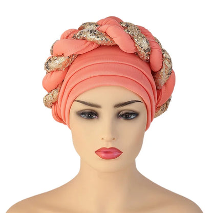 New Wholesale Custom Muslim Hijab Headscarf Big Sequin Braid Head Wrap Turban Cap Hat for Women Headwrap African Turban Hats