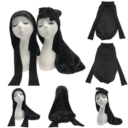 Black Satin Long Hair Bonnet with Head Wrap Long Tie