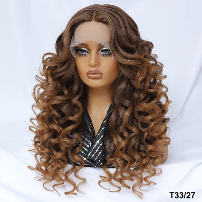 Wholesale Mixed Color HD Frontal Lace Synthetic Hair Wigs Curly Wave Black Brown for Daily Use for Black Women