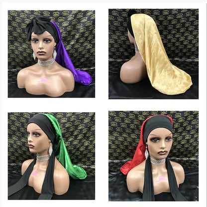 Black Satin Long Hair Bonnet with Head Wrap Long Tie