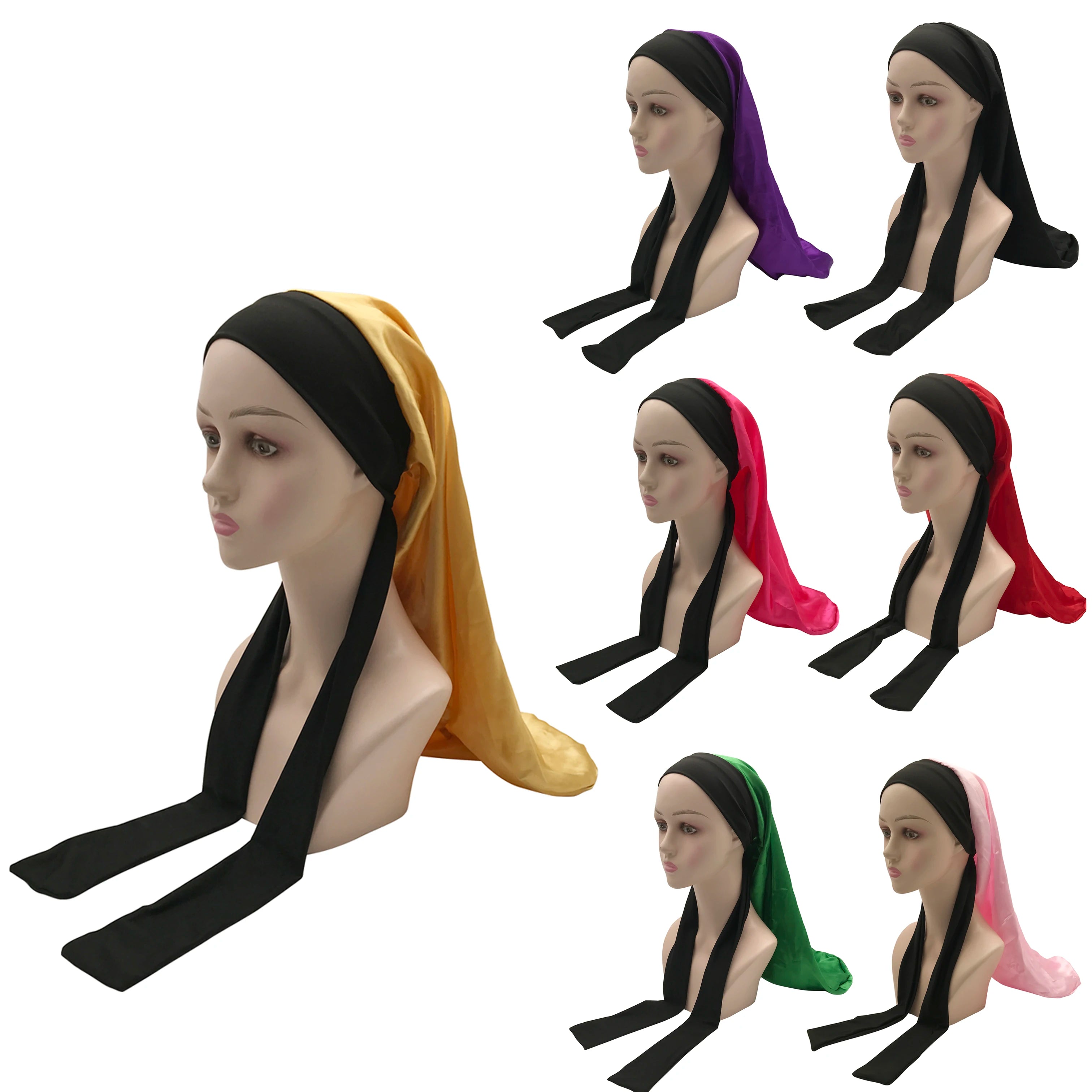 Black Satin Long Hair Bonnet with Head Wrap Long Tie