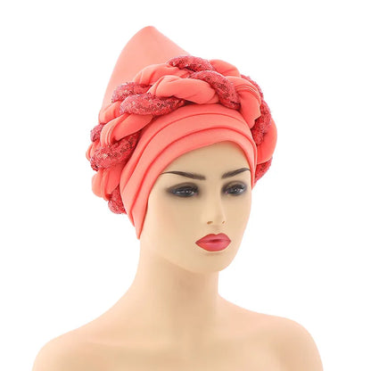 New Wholesale Custom Muslim Hijab Headscarf Big Sequin Braid Head Wrap Turban Cap Hat for Women Headwrap African Turban Hats