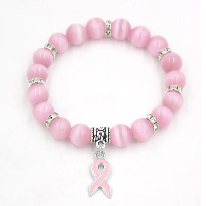 10PCS Lot New Breast Cancer Awareness Jewelry White Pink Opal Beaded Bracelet Breast Cancer Pink Ribbon Charm Bracelets&Bangles