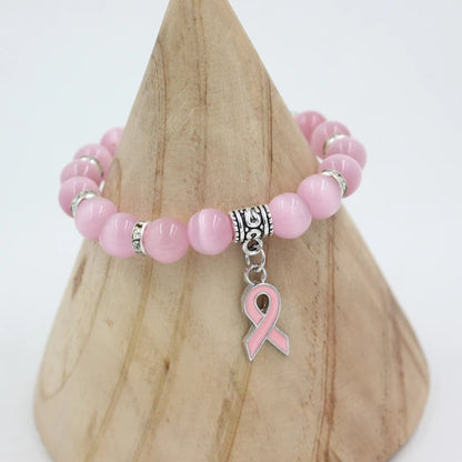 10PCS Lot New Breast Cancer Awareness Jewelry White Pink Opal Beaded Bracelet Breast Cancer Pink Ribbon Charm Bracelets&Bangles