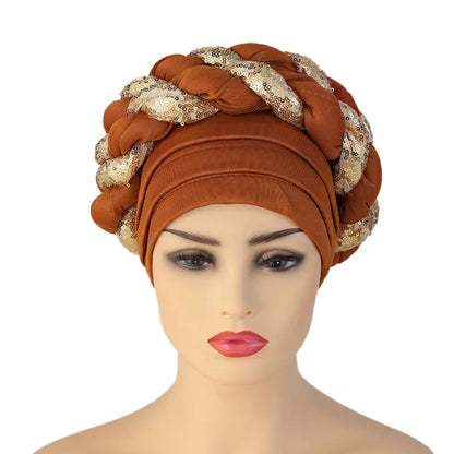 New Wholesale Custom Muslim Hijab Headscarf Big Sequin Braid Head Wrap Turban Cap Hat for Women Headwrap African Turban Hats