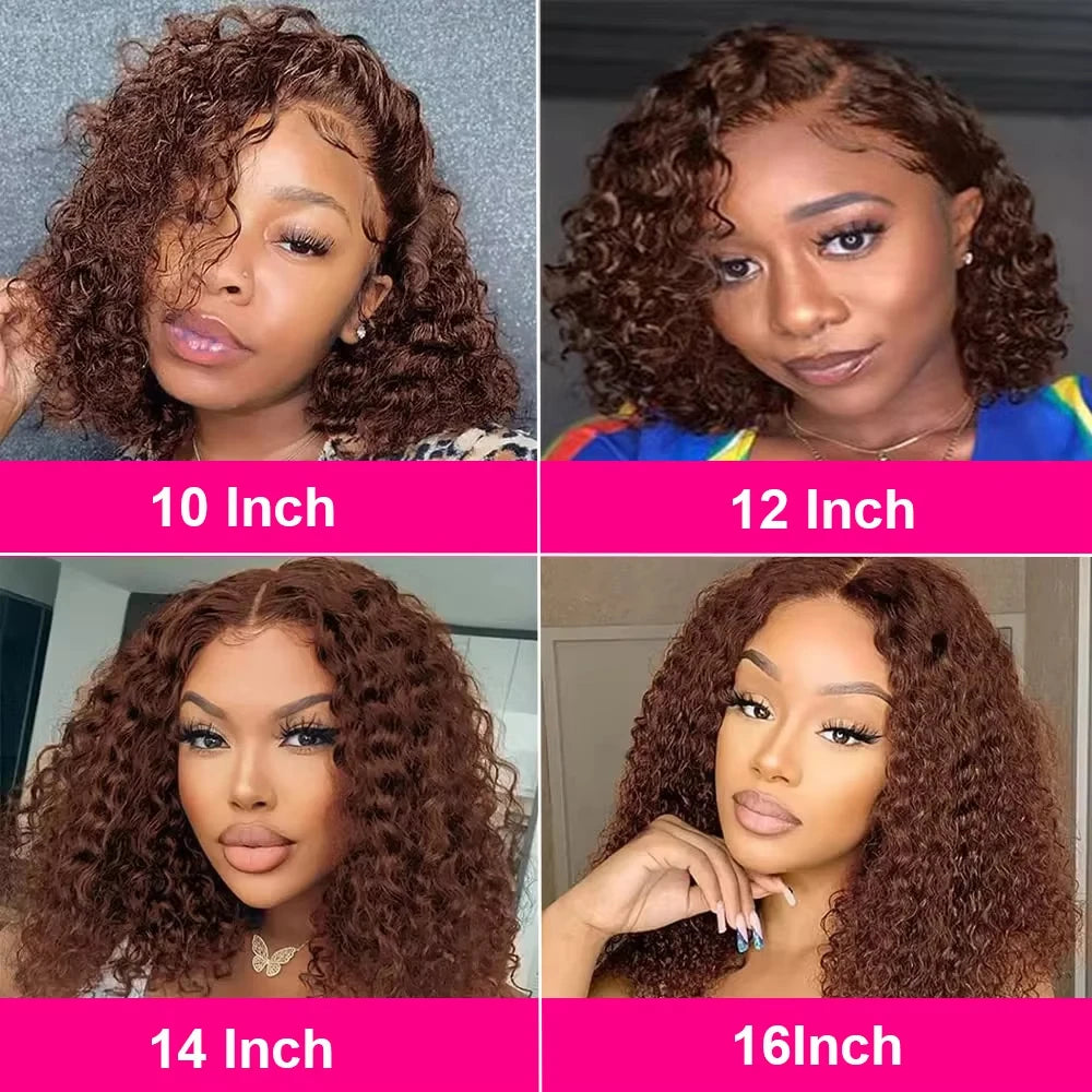 Brown Kinky Curly Short Bob Wig 13x4 Bob Wigs Brazilian Water Deep Wave Human Hair Wig Preplucked for Woman Short Pixie #4 Color