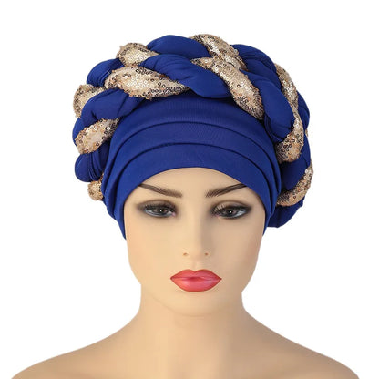 New Wholesale Custom Muslim Hijab Headscarf Big Sequin Braid Head Wrap Turban Cap Hat for Women Headwrap African Turban Hats