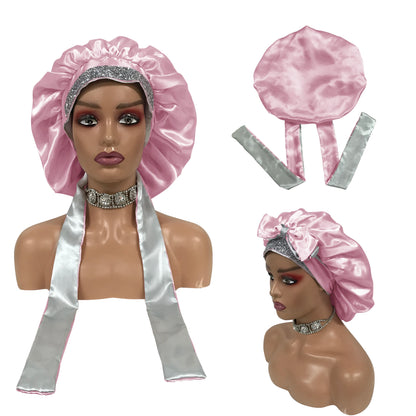Luxury Design Customize logo Satin Head Wrap and Bonnets Glitter Tie Band Hair Bonnet