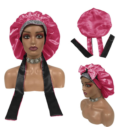 Luxury Design Customize logo Satin Head Wrap and Bonnets Glitter Tie Band Hair Bonnet
