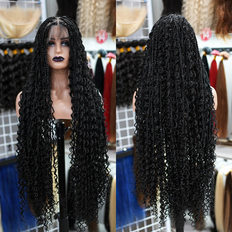 Natural Black Full Lace Synthetic Wig with Triangle Knotless Braided Black Women's Natural Wave Boho Braid Wigs
