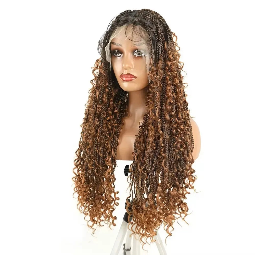 Natural Black Full Lace Synthetic Wig with Triangle Knotless Braided Black Women's Natural Wave Boho Braid Wigs