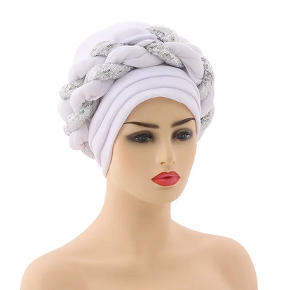 New Wholesale Custom Muslim Hijab Headscarf Big Sequin Braid Head Wrap Turban Cap Hat for Women Headwrap African Turban Hats