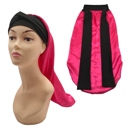Pink Wholesale Black Satin Long Hair Bonnet with Head Wrap Long Tie Edge Band Silk Bonnet Night Sleep Hat for Braid