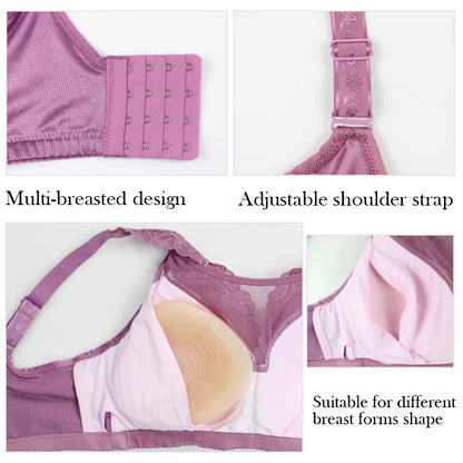 ONEFENG 6026 Breathable Lace Everyday Super Soft Comfortable Mastectomy Bra with Pockets for Breast Cancer Women