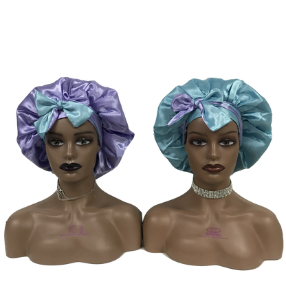Custom Own Brand Designer Bonnet With  Stretch Tie Band Satin Head Wrap Long Braid Hair Bonnets