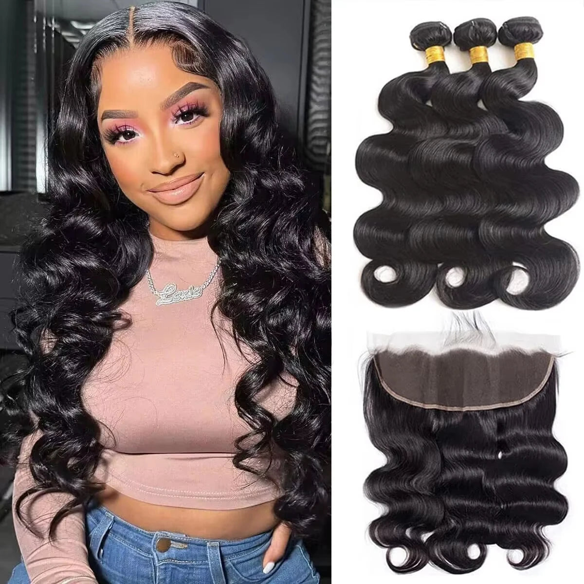 Body Wave Bundles with Frontal Human Hair Brazilian Human Hair Bundles with 13x4 Frontal Closure Virgin Weave 3 Bundles Frontal