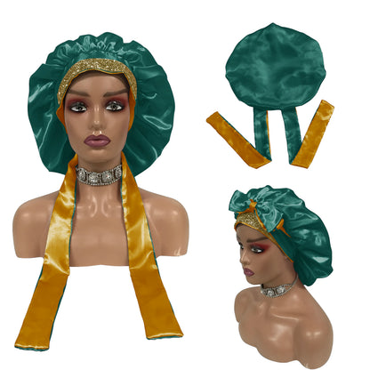 Luxury Design Customize logo Satin Head Wrap and Bonnets Glitter Tie Band Hair Bonnet