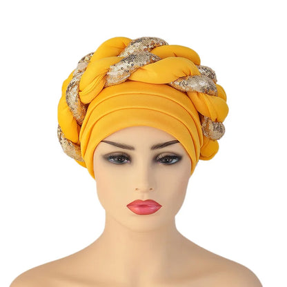 New Wholesale Custom Muslim Hijab Headscarf Big Sequin Braid Head Wrap Turban Cap Hat for Women Headwrap African Turban Hats