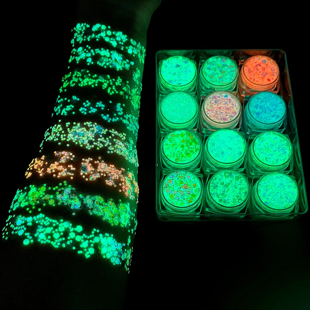 12 Colors Glow in the Dark Glitter Gel Face Body Glitter Gel Hair Glitter for UV Black Light Halloween Makeup Raves Festivals