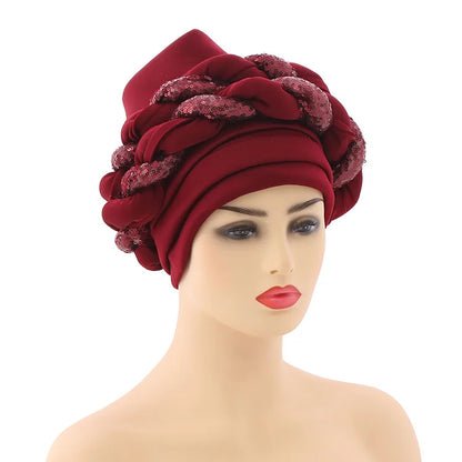 New Wholesale Custom Muslim Hijab Headscarf Big Sequin Braid Head Wrap Turban Cap Hat for Women Headwrap African Turban Hats