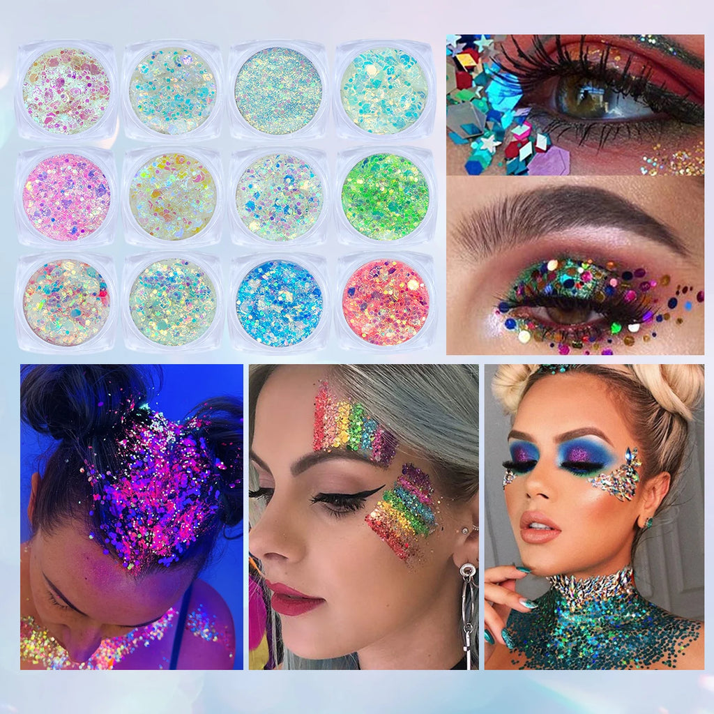 12 Colors Glow in the Dark Glitter Gel Face Body Glitter Gel Hair Glitter for UV Black Light Halloween Makeup Raves Festivals