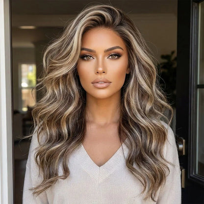 SMILCO Tiktok Selling Temperament Ladies Lace Wig 24 Inch 13*3 Brown Highlights White Waves Transparent SM9696 Suitable