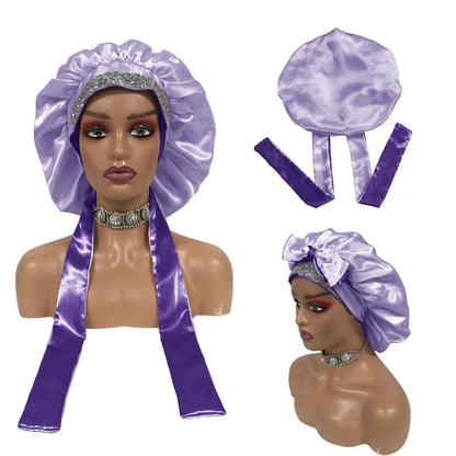 Luxury Design Customize logo Satin Head Wrap and Bonnets Glitter Tie Band Hair Bonnet