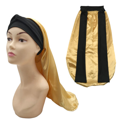 Black Satin Long Hair Bonnet with Head Wrap Long Tie