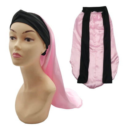 Pink Wholesale Black Satin Long Hair Bonnet with Head Wrap Long Tie Edge Band Silk Bonnet Night Sleep Hat for Braid