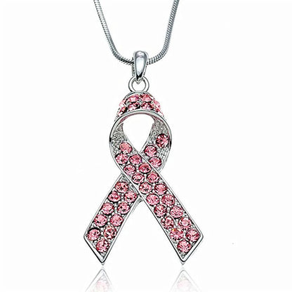 Metal Sparking Rhinestone Raise Pink Ribbon Awareness Breast Cancer Necklaces Jewelry for Gift