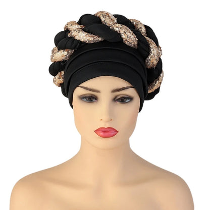 New Wholesale Custom Muslim Hijab Headscarf Big Sequin Braid Head Wrap Turban Cap Hat for Women Headwrap African Turban Hats