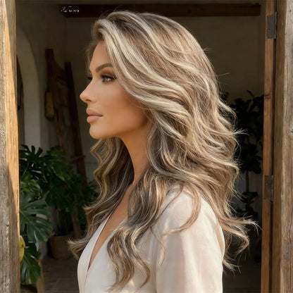 SMILCO Tiktok Selling Temperament Ladies Lace Wig 24 Inch 13*3 Brown Highlights White Waves Transparent SM9696 Suitable