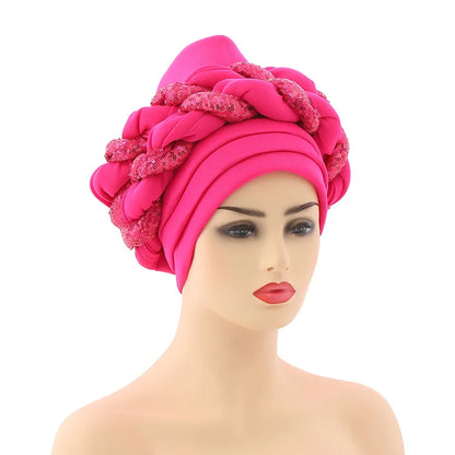 New Wholesale Custom Muslim Hijab Headscarf Big Sequin Braid Head Wrap Turban Cap Hat for Women Headwrap African Turban Hats